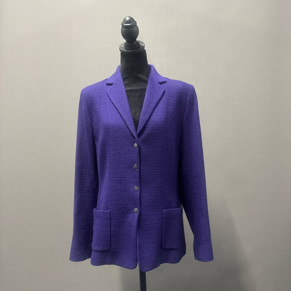 Tahari Blazer Women Size 14 Purple Wool Textured Snap Button Front Patch Pocket